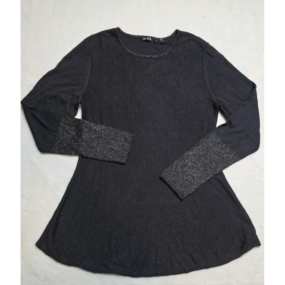 Nic + Zoe Scoop Neck Long Sleeve Top Medium Dark Gray Sparkle Wrist Romantic